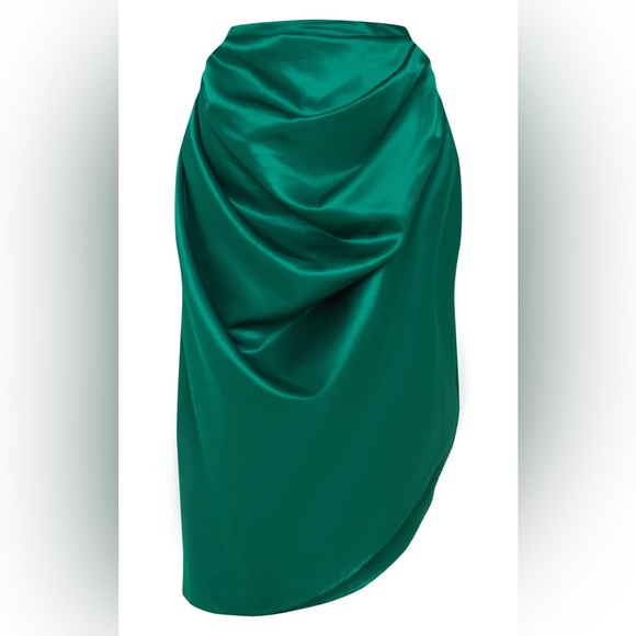 Emerald Green Satin Woven Ruched Side Midi Skirt - USA 4 - Picture 3 of 5